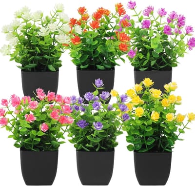 Kunstbloemen Set van 6 - 18 cm Planten met Zwarte Pot voor Buiten, Slaapkamer en Badkamer Decoratie, Mini Groene Planten
