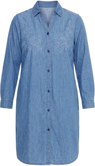 MIAMODA - Dames - Jeansjurk oversized gebloemd borduursel lange mouwen - Middenblauwe denim - Maat 42