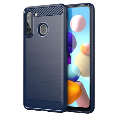 Cadorabo Hoesje geschikt voor Samsung Galaxy A21 in BRUSHED BLAUW - Beschermhoes van flexibel TPU siliconen in roestvrij staal-carbonvezel look Case Cover