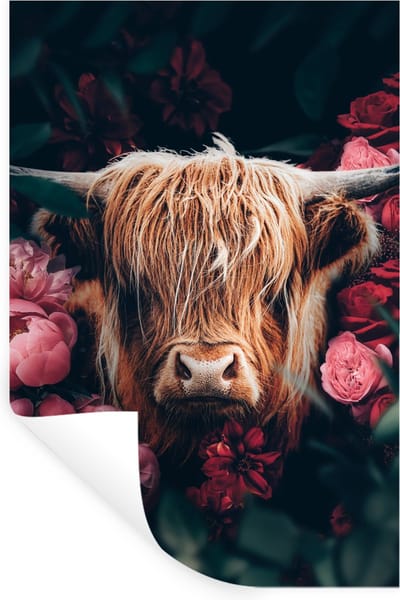 Muurstickers - Sticker Folie - Koe - Schotse hooglander - Bloemen - botanisch - 20x30 cm - Plakfolie - Muurstickers Kinderkamer - Zelfklevend Behang - Zelfklevend behangpapier - Stickerfolie