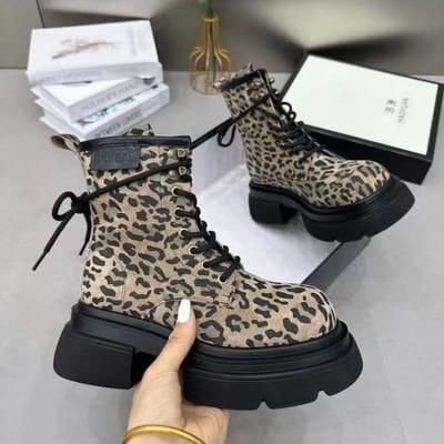 Vintage Luipaardprint Dameslaarzen Ronde Neus Dameslaarzen Casual Schoenen Mode Dameslaarzen Middelhoge Hak Botas Femininas 35