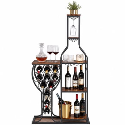 HomeGoodies - Wijnrek - Wijnkast - Flessenrek voor 11 flessen - 5-laags wijnrek met glazenhouder en opbergplanken - Thuisbar