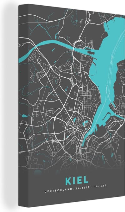 Canvas Schilderij Kaart – Plattegrond – Stadskaart – Kiel – Duitsland – Blauw - 20x30 cm - Wanddecoratie