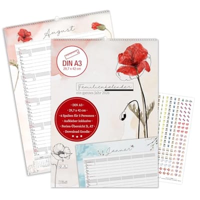 Familiekalender 2026 - A3 Planner met 5 Kolommen en 300 Stickers