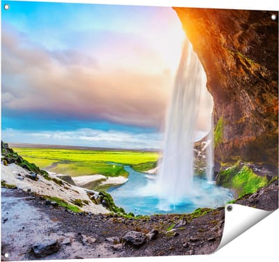 Gards Tuinposter Waterval van een Klif bij Zonsondergang - 100x80 cm - Tuindoek - Tuindecoratie - Wanddecoratie buiten - Tuinschilderij