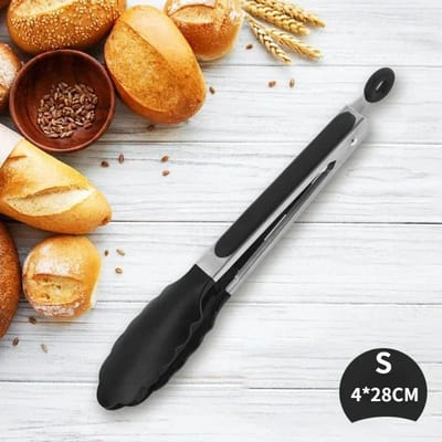 BBQ Voedselklem Antislip RVS Barbecue Broodklem Siliconen Hoge Temperatuur Grilltang Eetbar Keukenaccessoires black