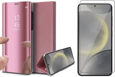 Hoesje geschikt voor Samsung Galaxy S24 - Screenprotector Glas - Spiegel Book Case Rosegoud