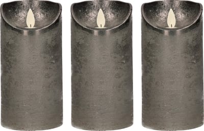 3x Antraciet LED kaarsen / stompkaarsen 15 cm - Luxe kaarsen op batterijen met bewegende vlam