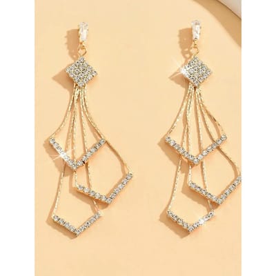 2 stuks high-end lange geometrische oorbellen met diamanten franjes voor dames en accessoires voor avondkleding Gold beige