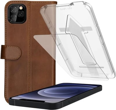Rosso Deluxe Hoesje + Tempered Glass Geschikt voor Apple iPhone 12 / 12 Pro – Echt Leer Book Case met Pasjeshouder Bruin + Screen Protector met Installatietray - Case Friendly 9H Gehard Glas
