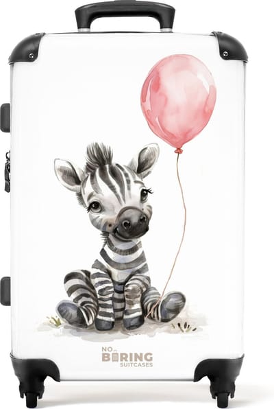 NoBoringSuitcases.com® - Kinderkoffer meisje - Kindertrolley meisjes - Zebra met roze ballon - Koffer kind groot - Rolkoffer lichtgewicht - Reiskoffer met 4 wielen - Grote trolley XL - 20 kg bagage