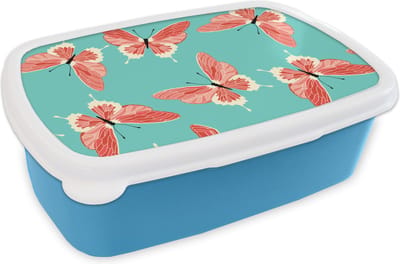 Broodtrommel Blauw - Lunchbox - Brooddoos - Vlinders - Roze - Patroon - 18x12x6 cm - Kinderen - Jongen
