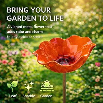 Vogelbad - Terras Vogelbad - Vogelbadjes - Metalen Vogelbadje - VogelbadjesBuiten - Insectenvoederhuisje - Waterschaal - Bijenbad voor in de tuin -Bloemenmotief - Decoratie voor terras en tuin - Afneembare stang -Oranje kleur-15CM