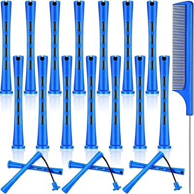 Haarperm rodset met 21 stuks, inclusief 20 koude golvende staafjes, kunststof haarrollers en stalen penseelkam voor professionele haardressing en styling, blauw, 0,9 cm