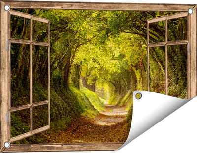 Gards Tuinposter Doorkijk Pad in het Bos met veel Bladeren - 60x40 cm - Tuindoek - Tuindecoratie - Wanddecoratie buiten - Tuinschilderij