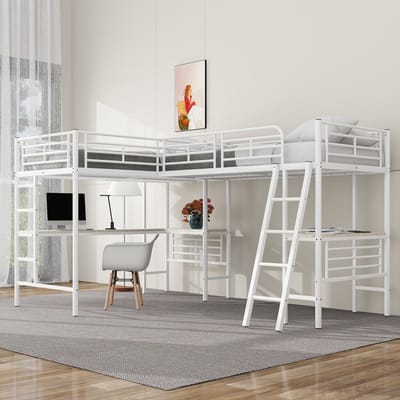 90x200cm hoogslaper - twee stapelbedden - tafel onder het bed - dubbele trap - hoge reling - wit - zonder matras