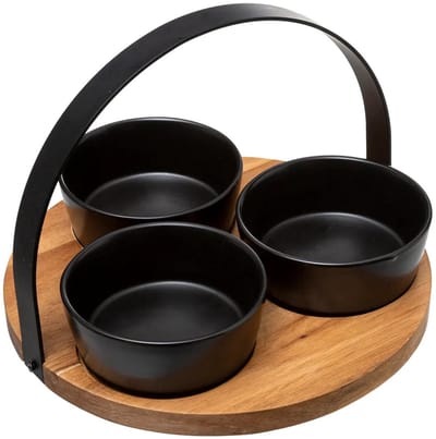 5Five Serveerplank acacia hout - met 3x luxe schaaltjes - D21 cm - tapas en saus schaaltjes - kleuren mix zwart