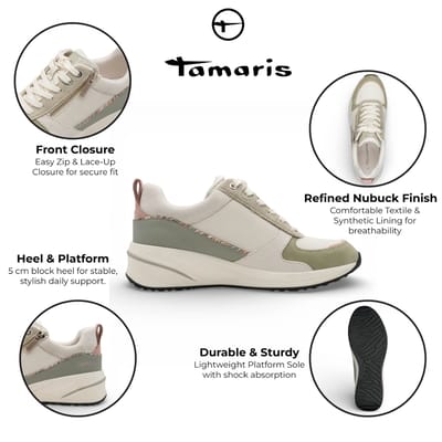 Tamaris dames witte en groene platform sneakers met ritssluiting en vetersluiting.