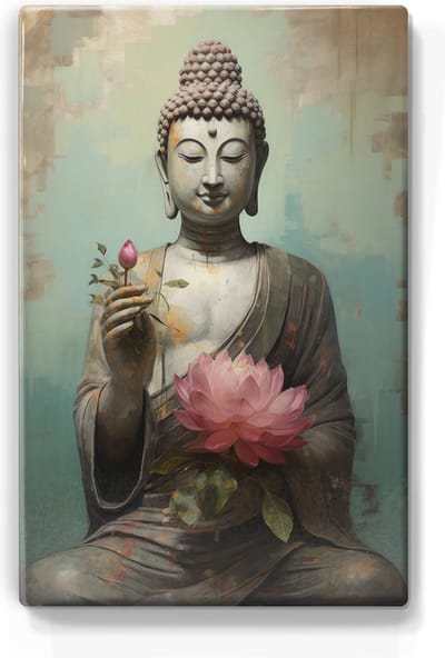 Boeddha met bloemen - Laqueprint - 19,5 x 30 cm - Niet van echt te onderscheiden handgelakt schilderijtje op hout - Mooier dan een print op canvas. - LP539