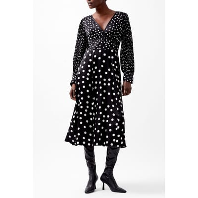 French Connection Polka Dot Candice Satin Dress Black/white Size: 6 | Midi Dresses Outlet | Dames | Zwart