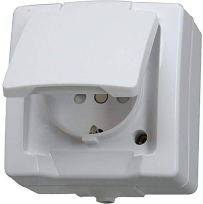 Geaarde stopcontact met klapdeksel en verhoogde contactbescherming voor vochtige ruimtes, 16A, 250V/AC, IP44