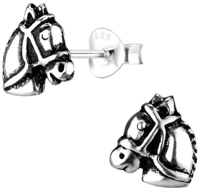Joy|S - Zilveren paard oorbellen - 8 x 9 mm geoxideerd - paardenhoofd