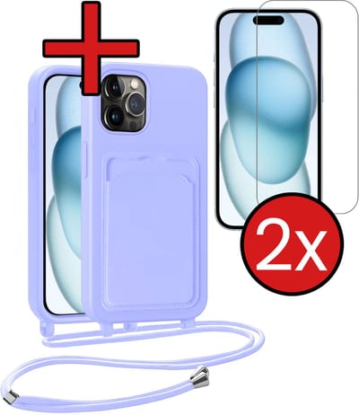 Hoesje Geschikt voor iPhone 14 Pro Hoesje Met Telefoonkoord en Pasjeshouder Met 2x Screenprotector Siliconen - Hoes Geschikt voor iPhone 14 Pro Hoesje Met Kaarthouder Case - Lila