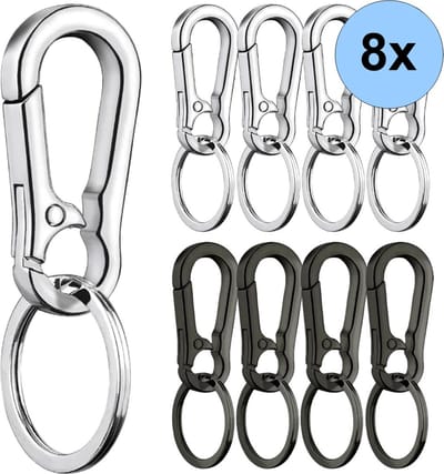 8x Karabijnhaak Met Sleutelring - Musketonhaak - Karabijnsluiting - Musketon - Sleutelhanger - RVS - 70x25mm - Zilver & Zwart - 8 Stuks