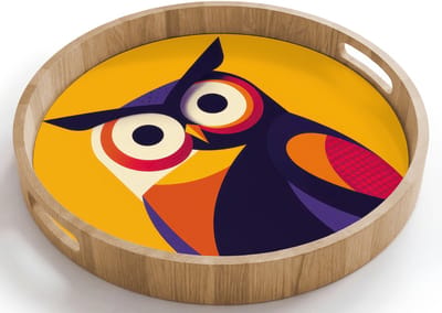 Dienblad rond 40x40 cm - Schootdienblad hout - Uil - Grafisch - Kleurrijk - Ogen - Borrelplank rechthoek - Plateau houten dienbladen
