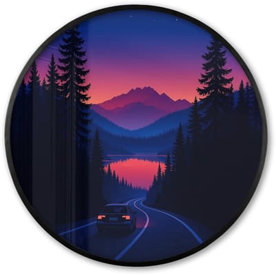 Poster in lijst Rond - Fotolijst 60x60 cm - Posters - Auto - Donkere dennenbomen - Zonsondergang - Ronde posterlijst zwart - Decoratie - Wanddecoratie woonkamer - Muurdecoratie slaapkamer