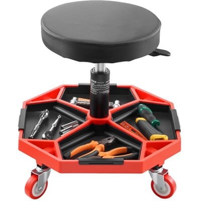 VEVOR Werkplaatskruk met wielen (draagvermogen 136 kg) Werkstoel met garagezitting, in hoogte verstelbaar (420-550 mm), rollende zitting met gereedschapsopslag voor garage, werkplaats, autoreparatie, zwart + rood
