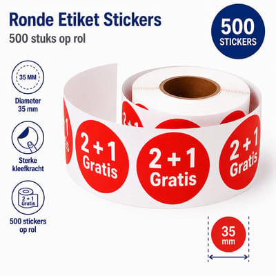 2 + 1 Gratis Stickers 35 mm - 500 stuks op Rol - Kortingsstickers - Afprijs Reclame Sticker - Dappaz