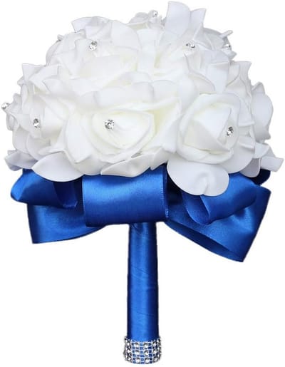 Koningsblauw bruidsboeket met diamanten decoratie en zachte linten, handgemaakt kunstmatig rozenboeket voor bruid en bruidsmeisje, ideaal voor bruiloften, feesten en kerken