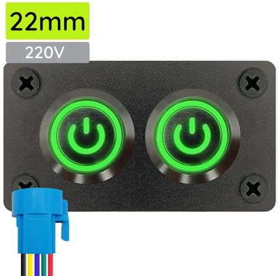 ProRide Metalen pulsschakelaar 220V OFF-(ON) - Inbouwpaneel tweevoudig - 22mm - IP67 - LED indicatie Groen