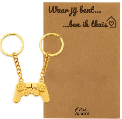 Koppel Sleutelhanger voor 2 'Waar jij bent, ben ik thuis' - Controller - Sleutelhanger set op Cadeau Kaartje - Goudkleurig - Persoonlijke Hanger - Pax Amare