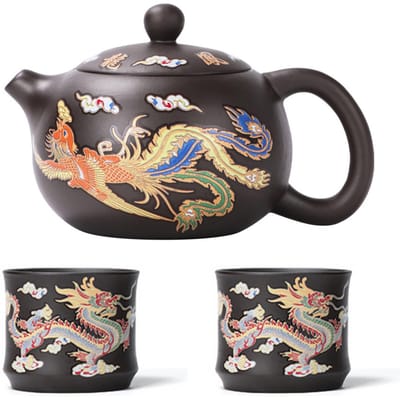 Theepot Handgemaakt Draken Feniksen Kleurveranderend Paars Klei Theepot Gemakkelijk Schoonmaken Gongfu Theepot Cadeau-idee voor Theeliefhebber Theekopjes Set gray
