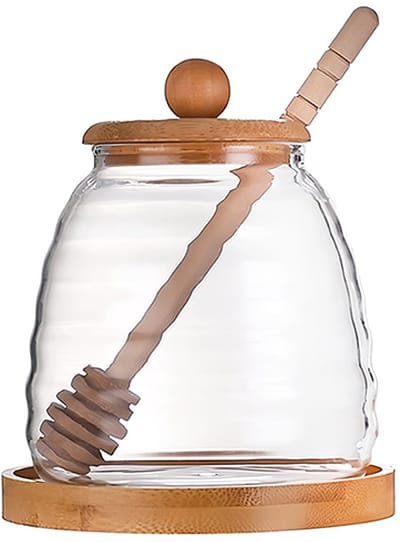 Dailygoods- Honingpot 16oz - Glazen Honingpot met Bamboe Deksel - Honingdispenser - Handgemaakte Dipper - Keuken Opslag Container - Duurzaam Borosilicaatglas