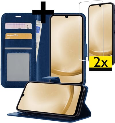 Hoesje - Met 2x Screenprotector - Geschikt voor Samsung Galaxy A25 - Luxe Pasjeshouder - Bookcase Portemonee - Flip Case - Kunstleer Book Case - Flipcase Hoes - Book Cover - Walletcase - Portemonneehoes - Telefoonhoesjes - Donkerblauw