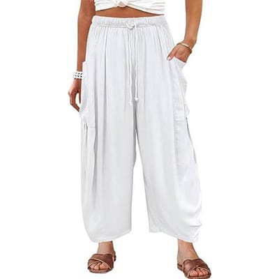 Zomer Dames Casual Losse Plissé Broek Strand Wijde Pijp Elastische Taille Katoen Linnen Uitlopende Palazzo Broek S wit
