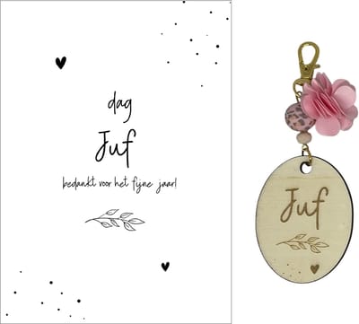 Sleutelhanger en kaartje JUF | leave | roze | jij bent de liefste | liefste juf | topjuf | einde schooljaar | juffen | meester |cadeau