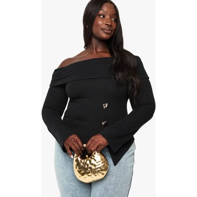 boohoo Dames PLUS GEBOREDE BARDOT TOP MET GOUDEN ACCENT EN GESPLETEN ZOOM TOP | Zwart | Maat: 44