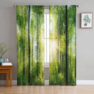 Woods Sunshine Dichte Moderne Bedrukte Tule Gordijnen voor Slaapkamer Balkon Raamdecoratie Creatieve Mode Huis Transparant Gordijn 135W x 137H(cm)