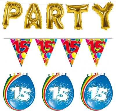 Folat - Verjaardag feestversiering 15 jaar PARTY letters en 16x ballonnen met 2x plastic vlaggetjes