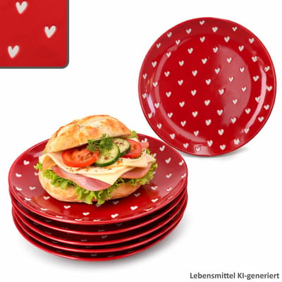 6-delige set LOVE (All over Herz) taartschalen rood met witte harten van porselein – 24310135