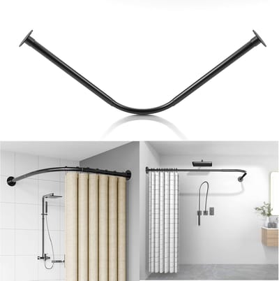 Famanu - L-vormige douchegordijnstang zwart, verstelbaar 70-95 × 125-165 cm, wandmontage, gebogen model