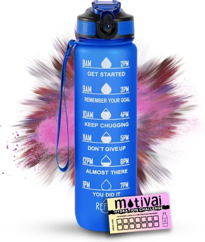 Motivai Motivatie Waterfles - Donker Blauw - Inclusief Extra Afsluitklepje - 1 Liter - Motiverende Drinkfles met Rietje - BPA Vrij - Met Motivai Hydration Challenge