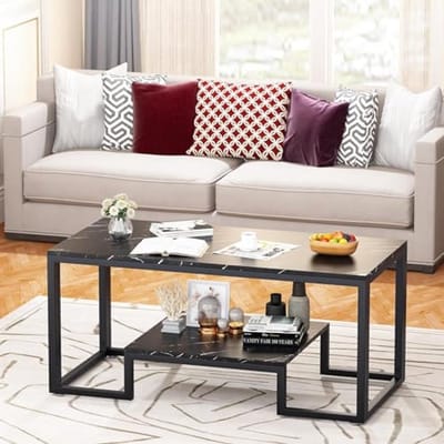 Moderne salontafel met 2 niveaus en opbergruimte - Zwart marmer 100 x 48 x 45 cm