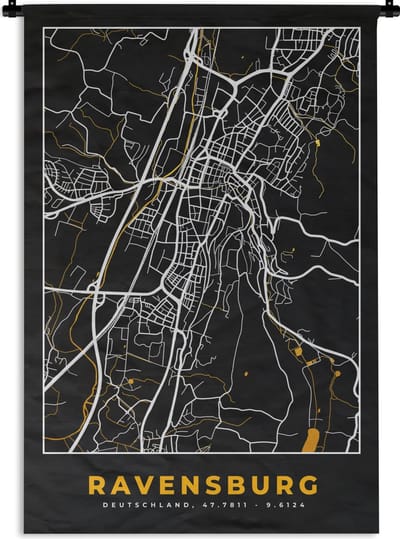 Wandkleed - Wanddoek - Goud – Duitsland – Plattegrond – Gold – Stadskaart – Kaart – Ravensburg - 120x180 cm - Wandtapijt