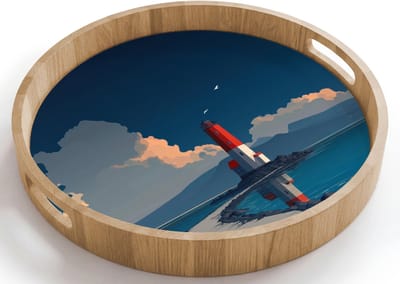 Dienblad rond 40x40 cm - Schootdienblad hout - Vuurtoren - Zee - Wolken - Borrelplank rechthoek - Plateau houten dienbladen