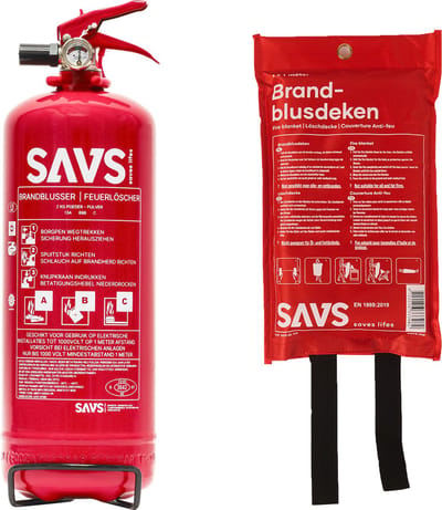 SAVS Brandblus box - Poeder middel - Brandblusser poeder 2 kg & Blusdeken 100x100cm - Blusrating 13A 89B C - Met montagebeugel & ophangoog - Ook voor auto, boot, caravan of camper - Poederblusser & Branddeken voor o.a. thuis & keuken